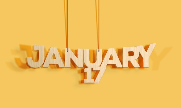 3D Wood decorative lettering hanging shape calendar for January 17 on a yellow background Home Interior and copyspace Selective focus3D illustration