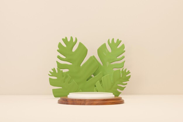 3D wooden podium display on green background with monstera leaves and abstract background