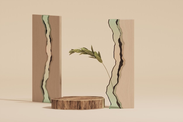 3d wooden podium, showcase with shadows on pastel background with glass wall, tropical leaves.