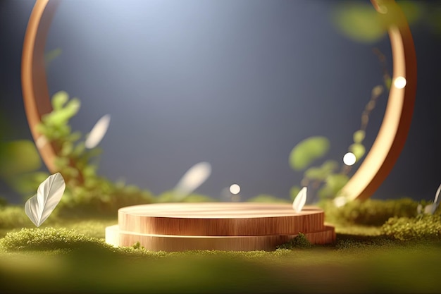 3D Wooden Round Podium For Product With Nature Background Generated AI