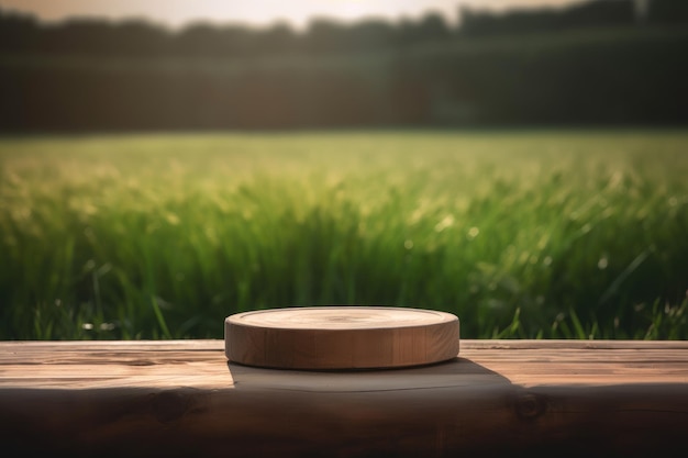 3D Wooden Round Podium For Product With Nature Background Generative AI