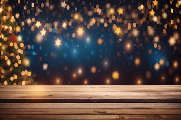 3d wooden table against christmas background of bokeh lights and stars