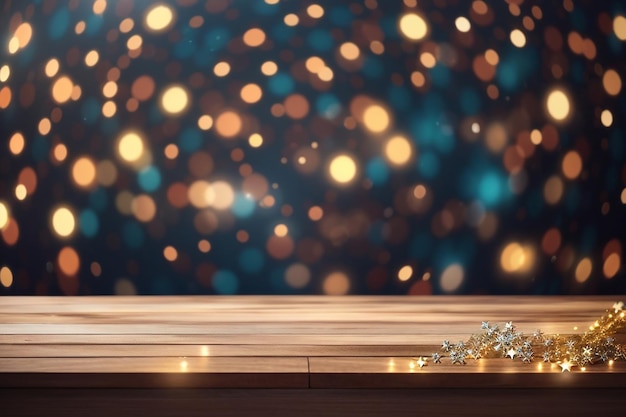 3d wooden table against christmas background of bokeh lights and stars