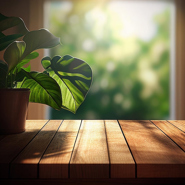 3D wooden table with blurred background from plant window Generative AI