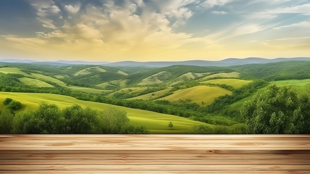 3d wooden table with daisies grass and hills Generative Ai