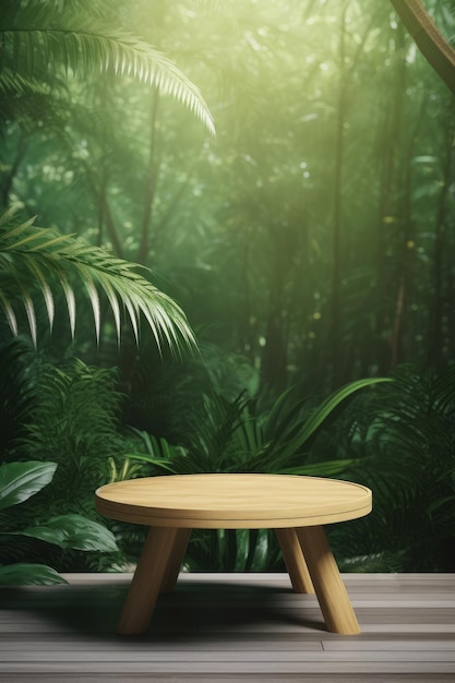 3D wooden table with a tropical forest or garden background for product placement