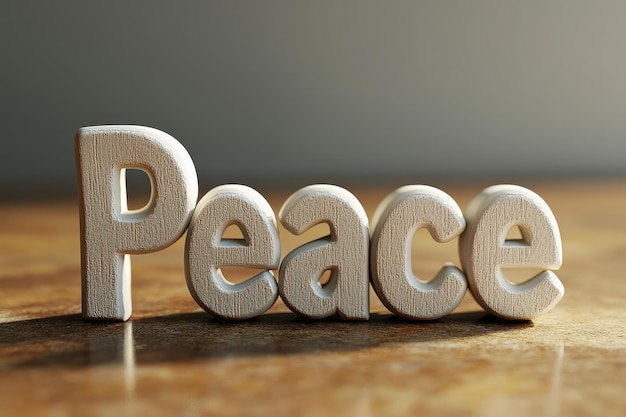 Photo 3d word peace made from white ceramic letters on wooden table