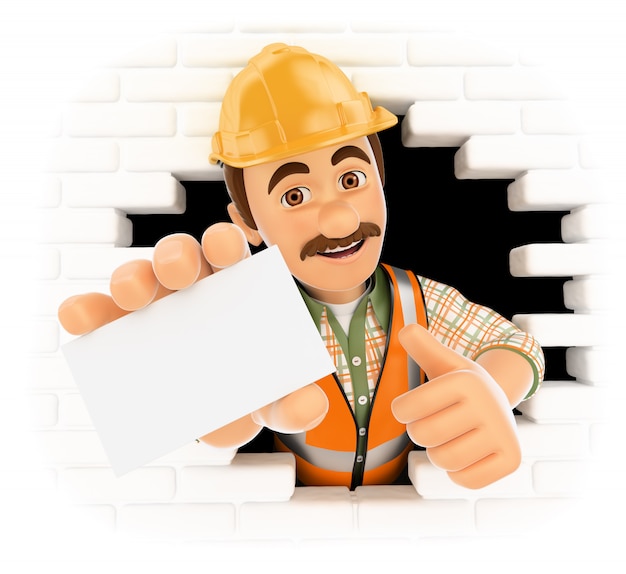 3D Worker coming out a wall hole with a blank card