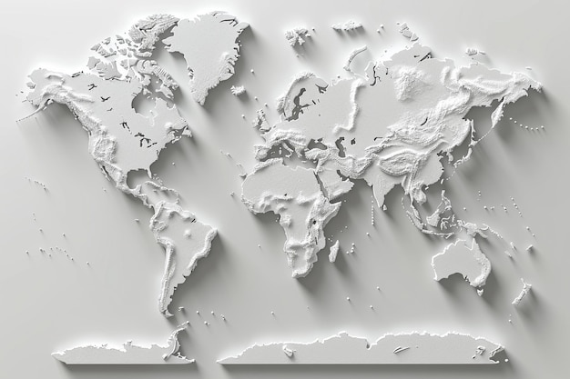 A 3D world map in white modelwhite clean background