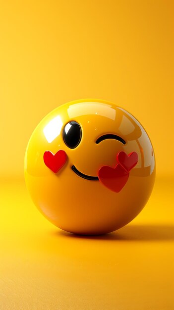 3D yellow emoji with red love blush winking face solid yellow gradient background