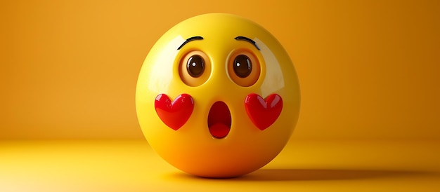 Photo 3d yellow emoji with red love marks surprised expression solid yellow gradient