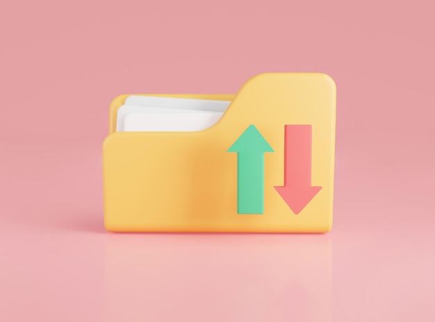 Photo 3d yellow folder with files and arrow icon file sharing or sending document documents management data storage copy files data exchange file transfer concept 3d icon rendering illustration