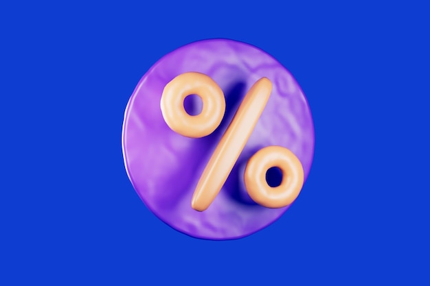 3d yellow icon of percent discount on purple round in plasticine style with blue background