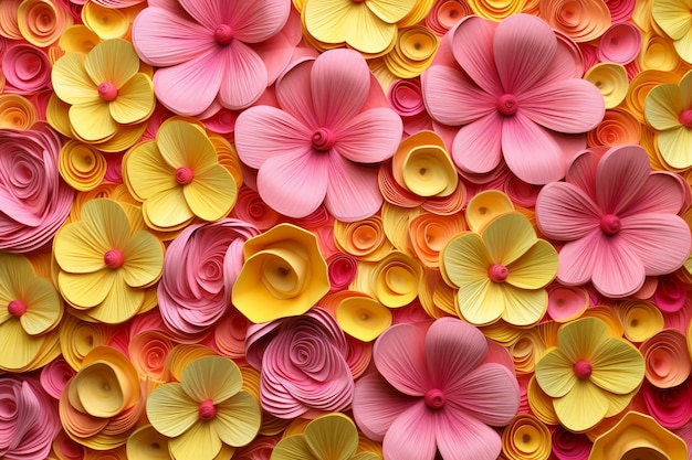 3D yellow and pink flowers layered forms paper quilting pattern vibrant colors AI generative