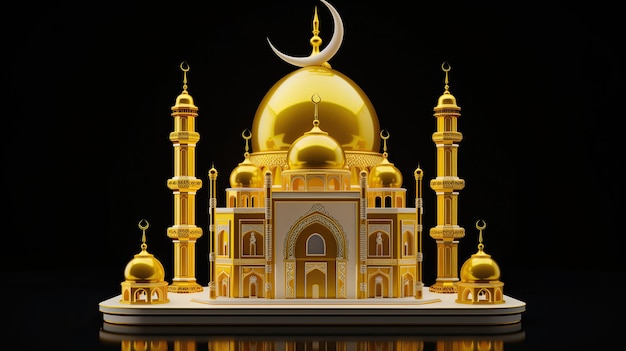 3d yellow ramadan mosque with crescent moon on a black background