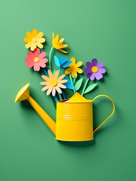 Photo 3d yellow watering can with colorful paper cut flowers on a green background