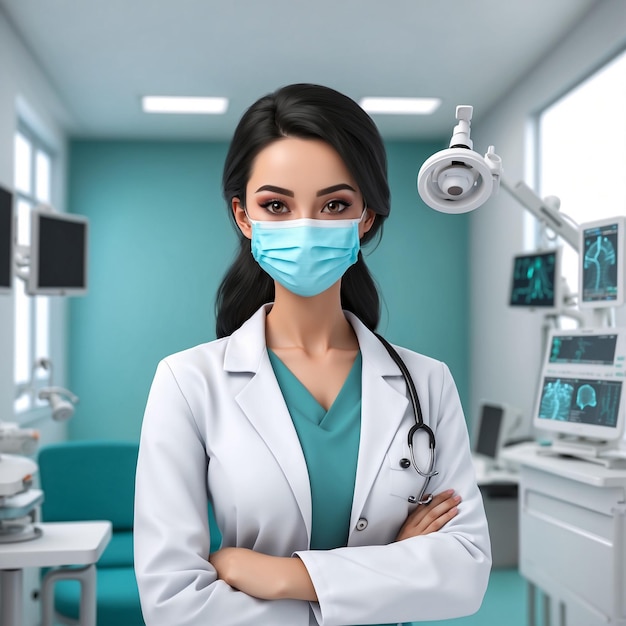 3d Young beautiful Female doctor in hospital wearing mask with medical equipment