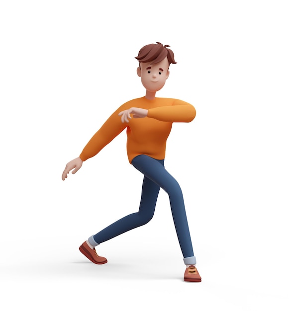 3D young positive man dancing with his index fingers up Portrait of a funny cartoon guy in casual clothes sweater and jeans Minimalistic stylized character 3D illustration on white background