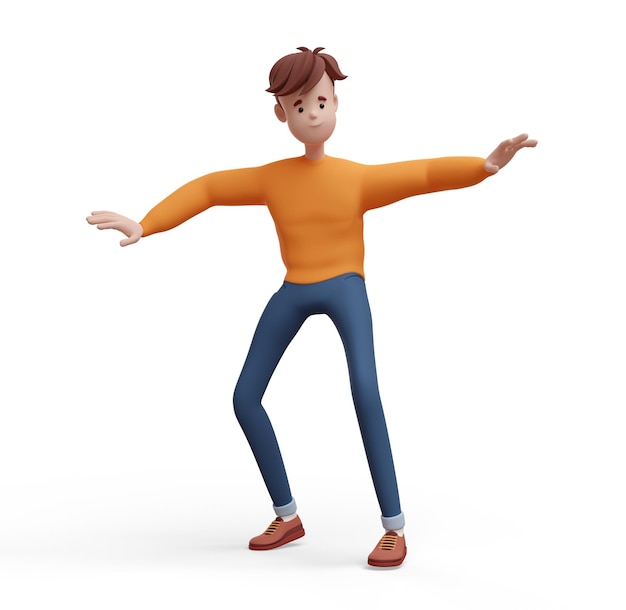 3D young positive man dancing with his index fingers up Portrait of a funny cartoon guy in casual clothes sweater and jeans Minimalistic stylized character 3D illustration on white background