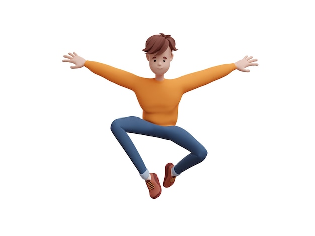 3D young positive man jumping flying in a dynamic pose Portrait of a funny cartoon guy in casual clothes Minimalistic stylized character 3D illustration on white background