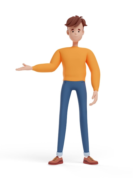 3D young positive man pointing in the direction Portrait of a funny cartoon guy in casual clothes sweater and jeans Minimalistic stylized character 3D illustration on white background