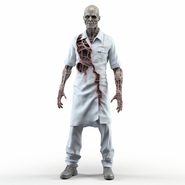 Photo 3d zombie medical uniform on white background full body