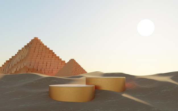 3DAbstract Dune cliff sand with metallic Podium stand and Egyptian Pyramid Surreal Desert natural