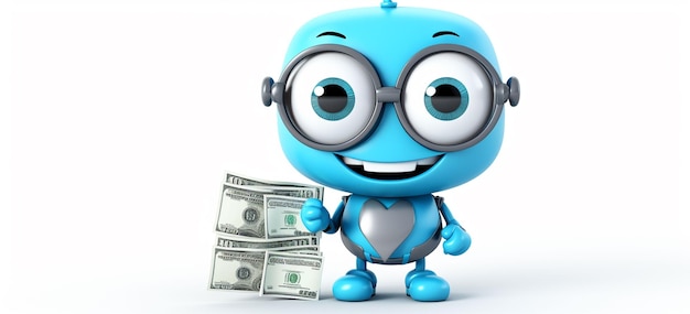 3dcute robot holding a money bag on white backgroung