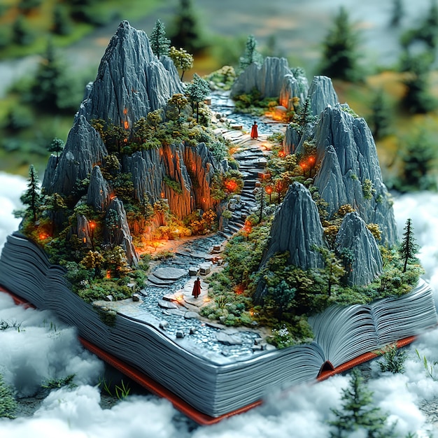 3DJZ A Miniature Adventure A Book Opens to a Landscape of Mountains and Clouds with Two Small