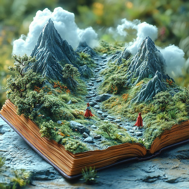 3DJZ A Miniature Adventure A Book Opens to a Landscape of Mountains and Clouds with Two Small