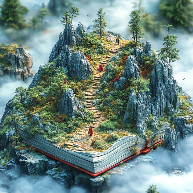 3DJZ A Miniature Adventure A Book Opens to a Landscape of Mountains and Clouds with Two Small