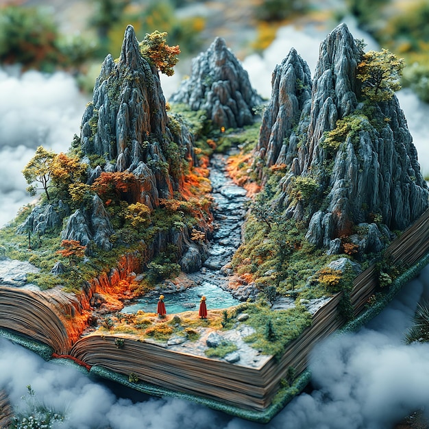 3DJZ A Miniature Adventure A Book Opens to a Landscape of Mountains and Clouds with Two Small