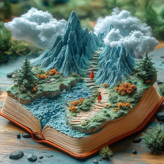 3DJZ A Miniature Adventure A Book Opens to a Landscape of Mountains and Clouds with Two Small