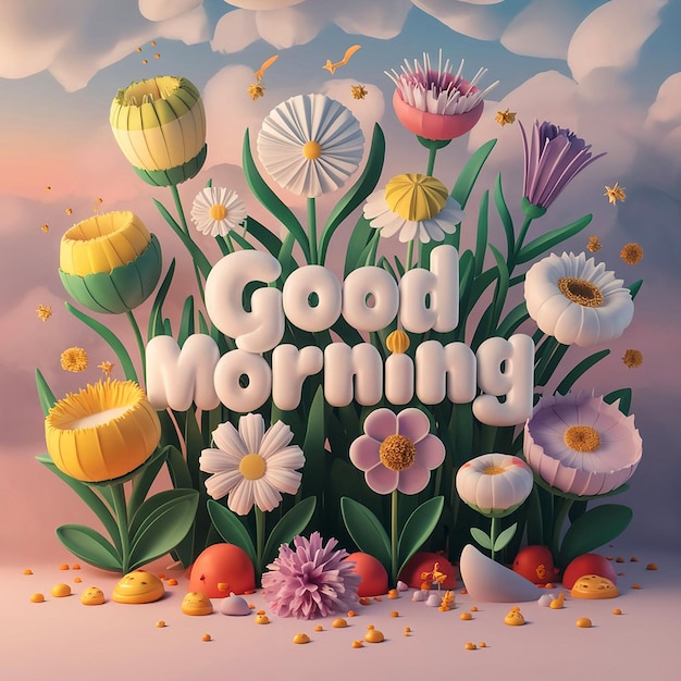 A 3Drendered art piece colorful whimsical flowers surrounding the phrase Good Morning in large