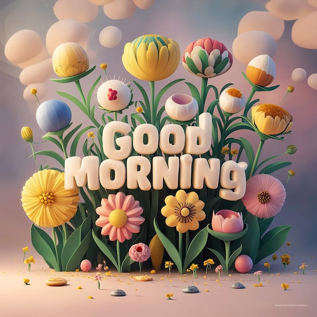 A 3Drendered art piece colorful whimsical flowers surrounding the phrase Good Morning in large