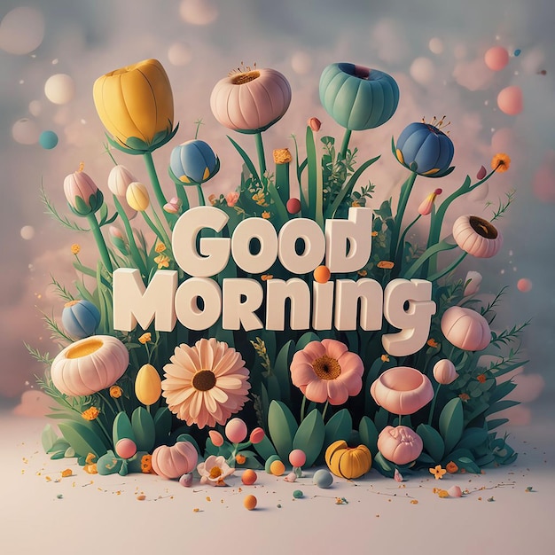 A 3Drendered art piece colorful whimsical flowers surrounding the phrase Good Morning in large