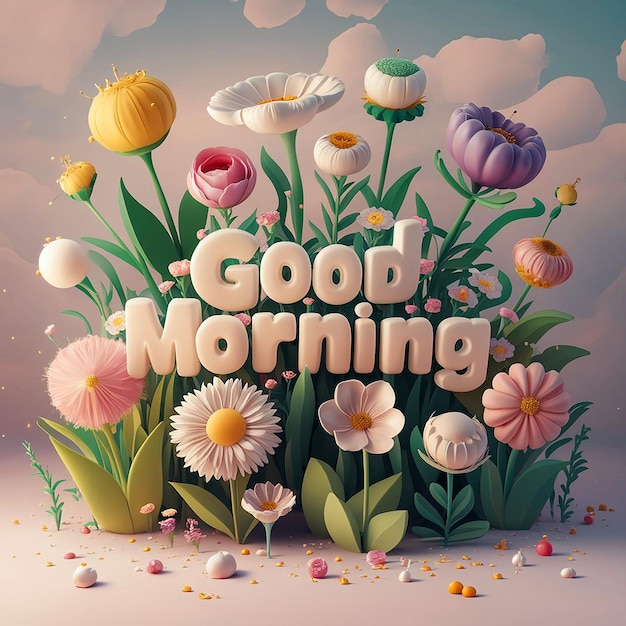 A 3Drendered art piece colorful whimsical flowers surrounding the phrase Good Morning in large