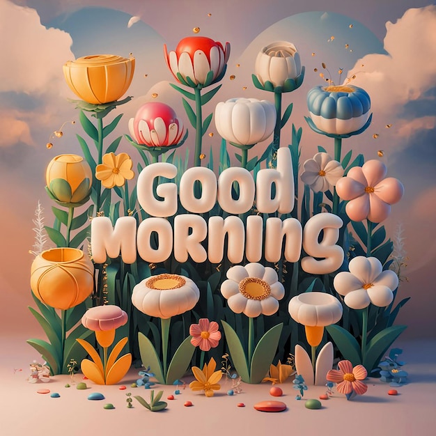 A 3Drendered art piece colorful whimsical flowers surrounding the phrase Good Morning in large