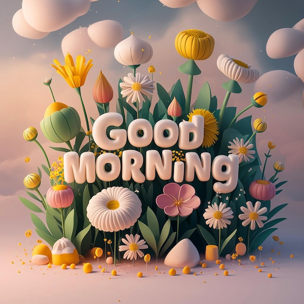 A 3Drendered art piece colorful whimsical flowers surrounding the phrase Good Morning in large