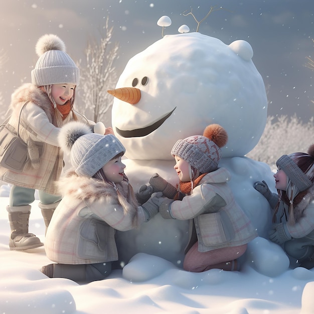 Photo 3drendered children making snowmen and playing in the snow