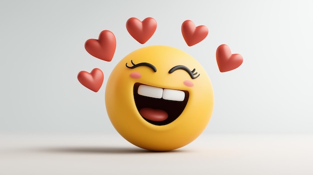 Photo 3drendered happy emoji with rosy cheeks surrounded by red hearts expressing joy and love