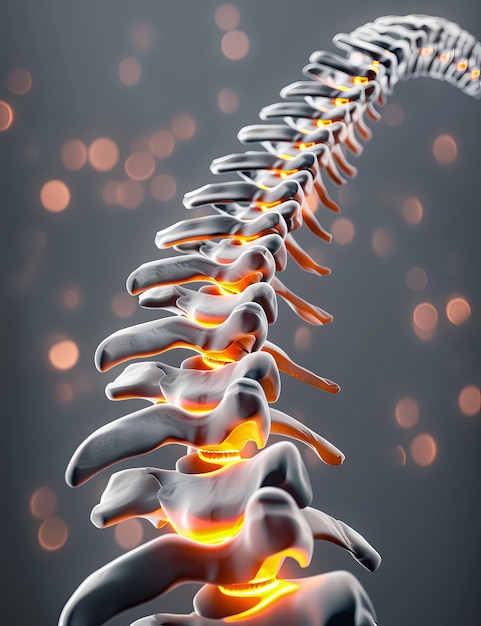 Photo 3drendered illustration of the spine with orange and white accents on a grey background