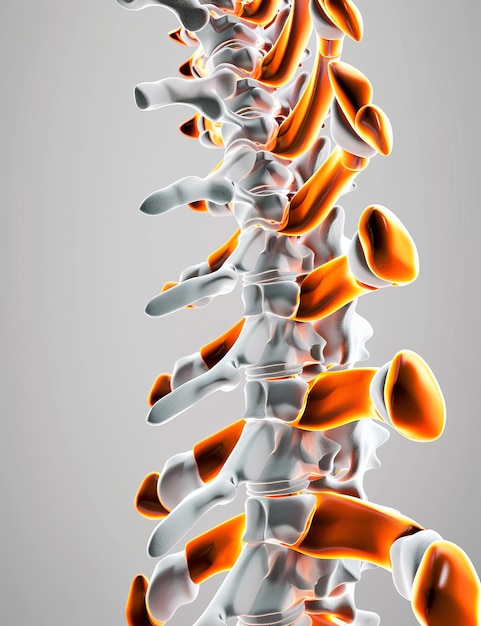 Photo 3drendered illustration of the spine with orange and white accents on a grey background