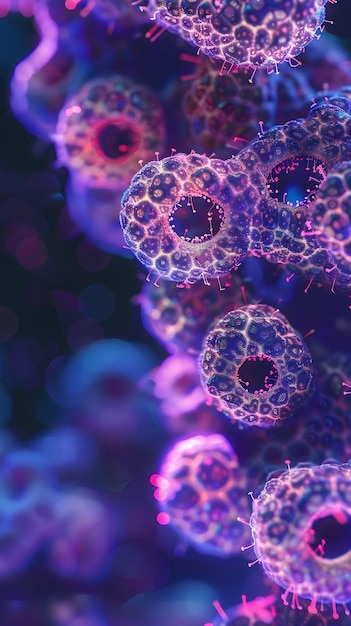 A 3Drendered image showcasing a mesmerizing microscopic surreal closeup of intricate clusters