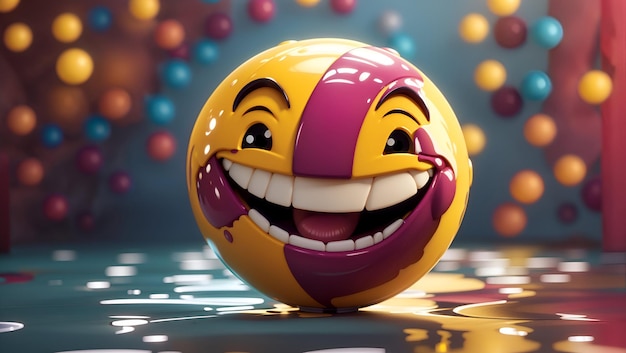 A 3Drendered smiley ball cartoon face with a mischievous smirk splash background