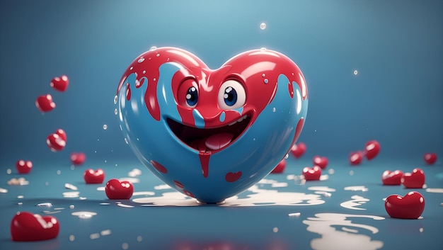 A 3Drendered smiley read heart cartoon face with a mischievous smirk splash background