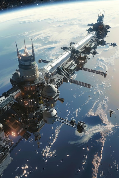 A 3Drendered space station orbiting a distant planet with astronauts conducting spacewalks