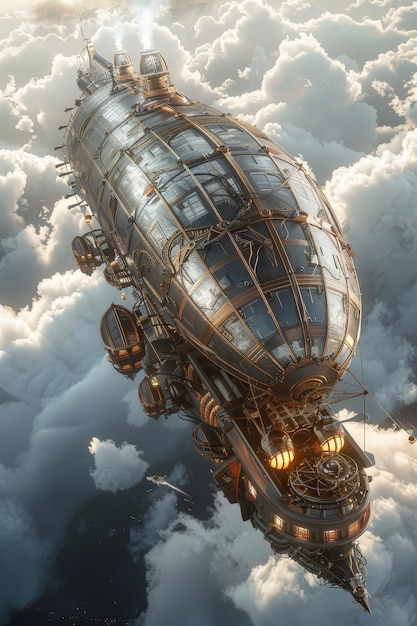 A 3Drendered steampunk airship sailing through the clouds with intricate gears and machinery