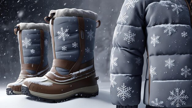 Photo 3drendered winter boots and jackets with snowflake textures