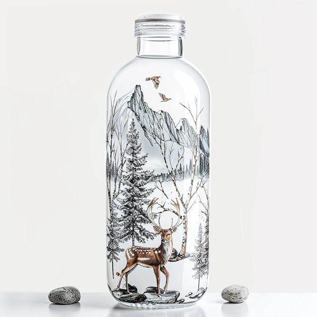 Photo 3w a white transparent glass water bottle with birch trees snowcapped mountains and sika deer prin